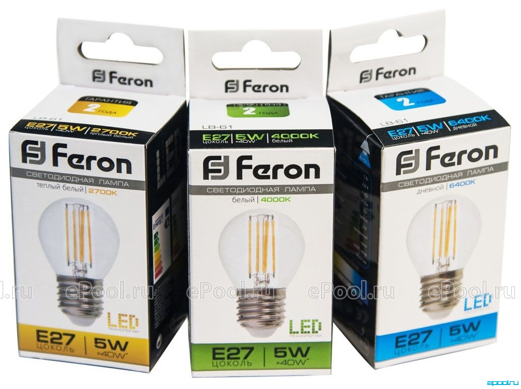 Светодиодная лампа (LED) E27 Feron LB-61 4LED(5W) 4000K филамент aka COG  G45 - Купить по выгодной цене в интернет-магазине Epool ☆ Бесплатная  консультация и доставка по РФ - Код товара 519975